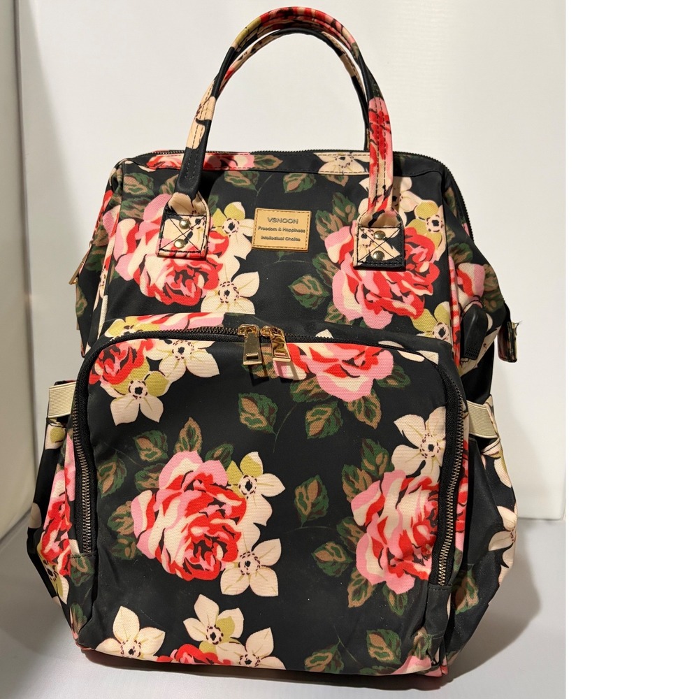 VSNOON Floral Laptop Backpack Black Pink Rose RFID Blocking USB Port Travel Bag